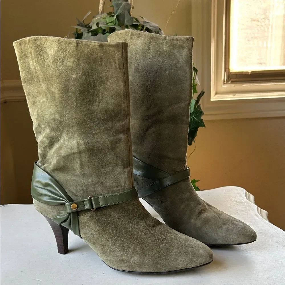Olive Leather Suede Heeled Boots EUC Women’s Size 8.5 W